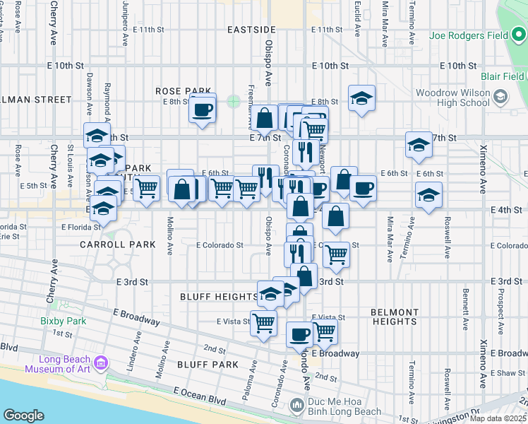map of restaurants, bars, coffee shops, grocery stores, and more near 381 Obispo Avenue in Long Beach