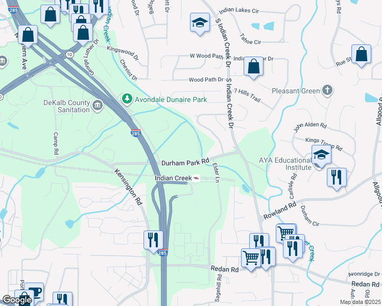 map of restaurants, bars, coffee shops, grocery stores, and more near 3901 Durham Park Road in Stone Mountain