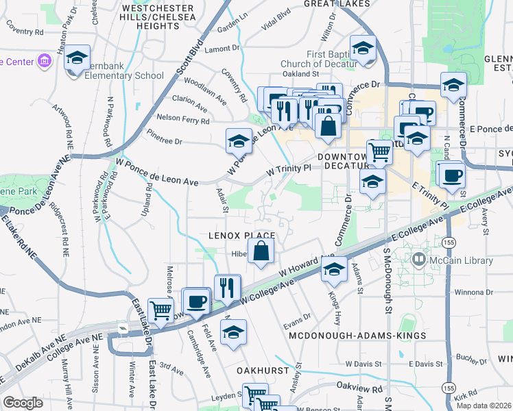 map of restaurants, bars, coffee shops, grocery stores, and more near 135 Ridley Lane in Decatur