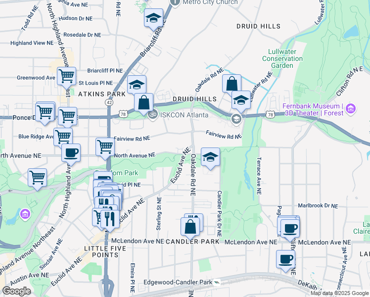 map of restaurants, bars, coffee shops, grocery stores, and more near 1409 Euclid Avenue Northeast in Atlanta