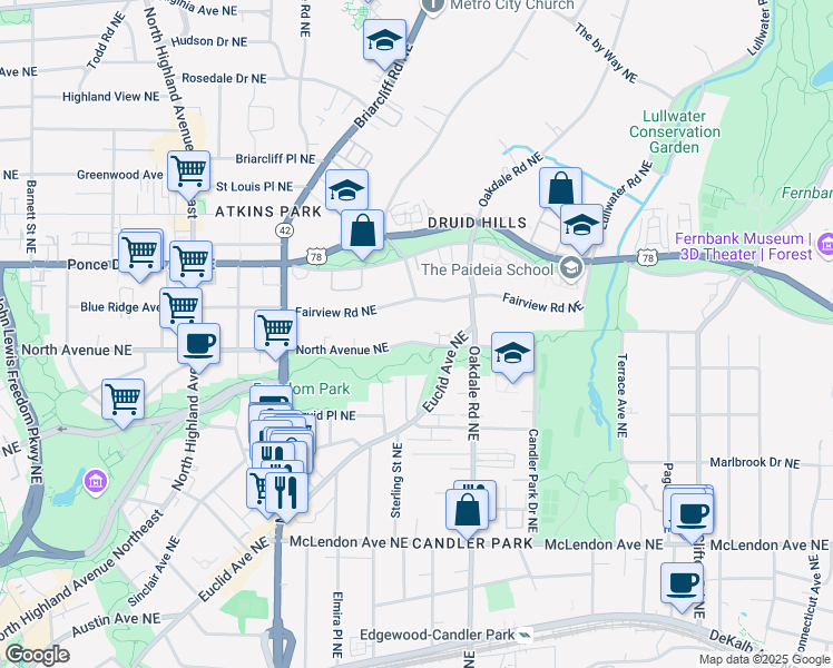 map of restaurants, bars, coffee shops, grocery stores, and more near 1326 North Avenue Northeast in Atlanta