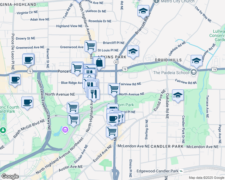 map of restaurants, bars, coffee shops, grocery stores, and more near 608 Moreland Avenue Northeast in Atlanta