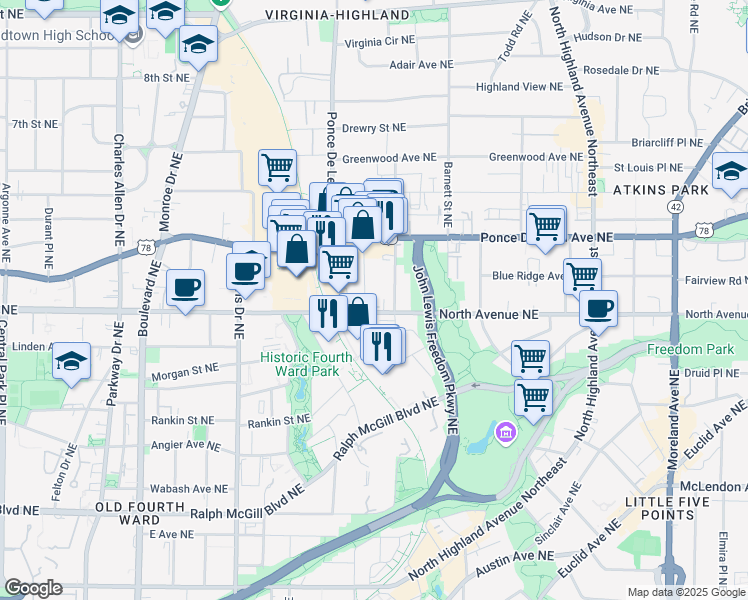 map of restaurants, bars, coffee shops, grocery stores, and more near 790 North Avenue Northeast in Atlanta