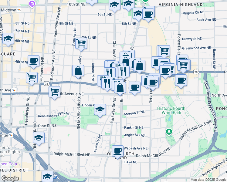 map of restaurants, bars, coffee shops, grocery stores, and more near 101 Cityview Court Northeast in Atlanta