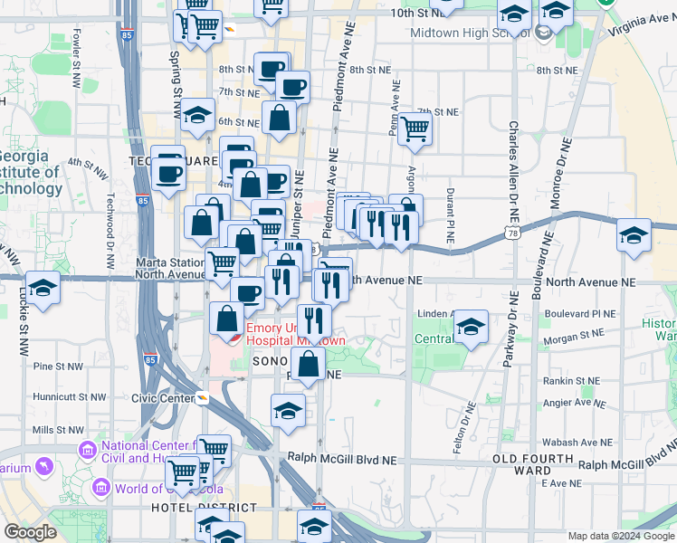 map of restaurants, bars, coffee shops, grocery stores, and more near 105 North Avenue Northeast in Atlanta