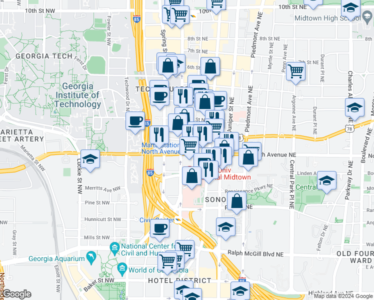 map of restaurants, bars, coffee shops, grocery stores, and more near in Atlanta