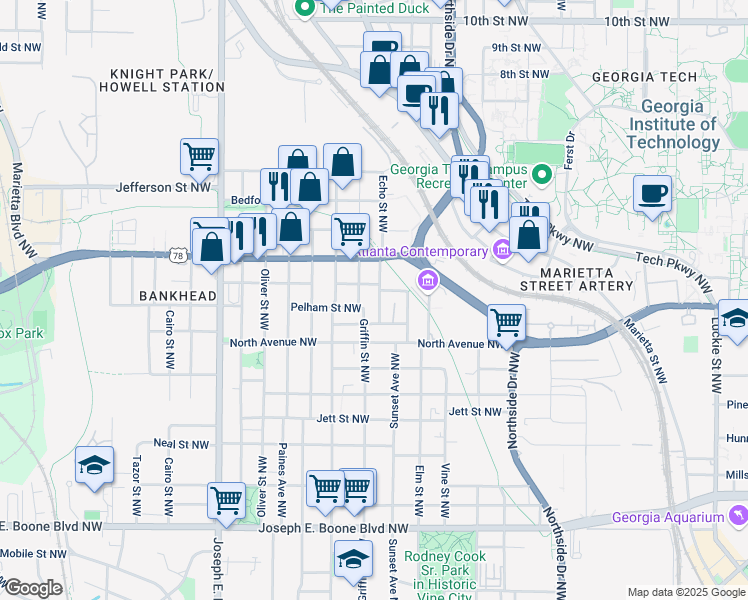 map of restaurants, bars, coffee shops, grocery stores, and more near 620 Echo Street Northwest in Atlanta