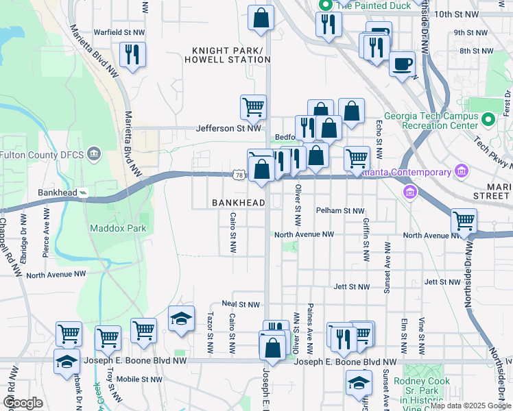 map of restaurants, bars, coffee shops, grocery stores, and more near 935 Pelham Street Northwest in Atlanta