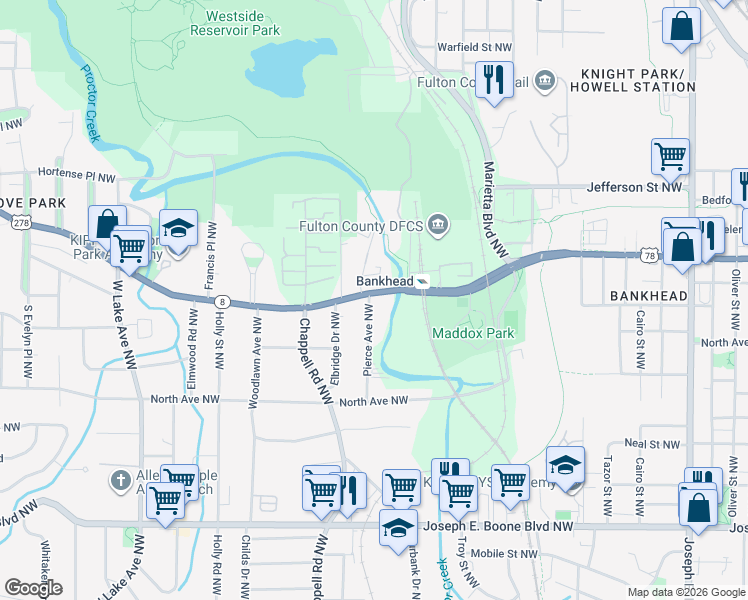 map of restaurants, bars, coffee shops, grocery stores, and more near 579 Pierce Avenue Northwest in Atlanta