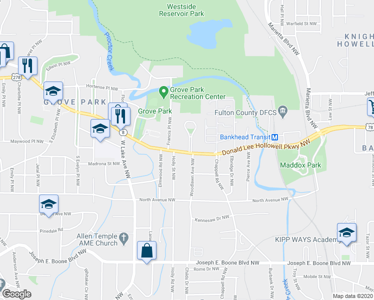 map of restaurants, bars, coffee shops, grocery stores, and more near 1460 Donald Lee Hollowell Parkway Northwest in Atlanta
