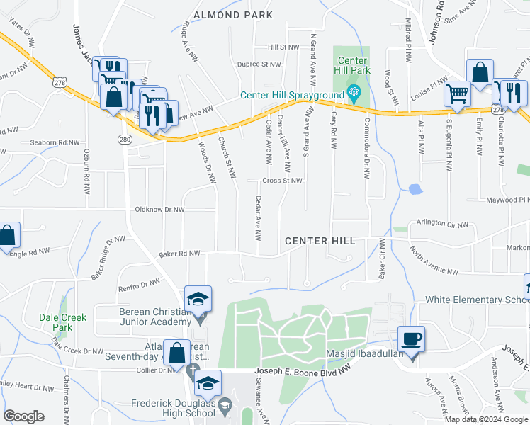 map of restaurants, bars, coffee shops, grocery stores, and more near 581 Cedar Avenue Northwest in Atlanta