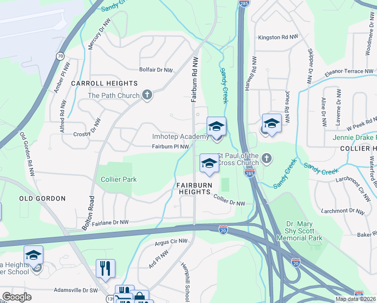 map of restaurants, bars, coffee shops, grocery stores, and more near 574 Fairburn Road Northwest in Atlanta