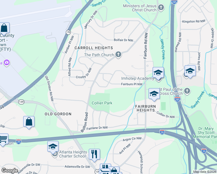 map of restaurants, bars, coffee shops, grocery stores, and more near 3560 Adkins Road Northwest in Atlanta