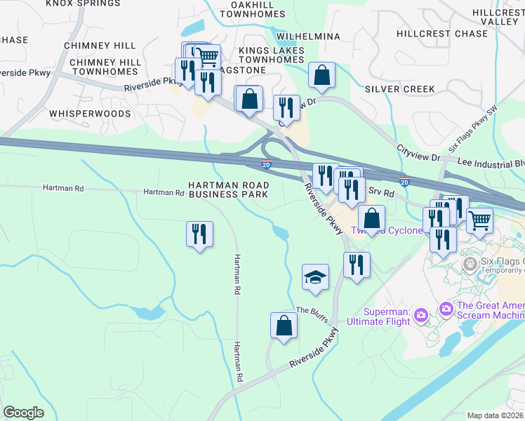 map of restaurants, bars, coffee shops, grocery stores, and more near 203-311 Twin Hill Road in Austell