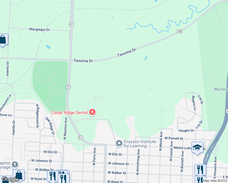 map of restaurants, bars, coffee shops, grocery stores, and more near 1101 Reba McEntire Lane in Denison