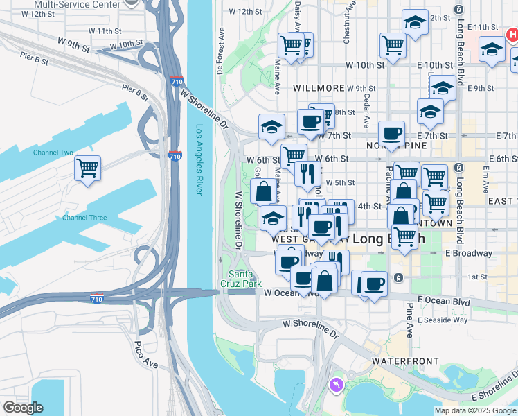 map of restaurants, bars, coffee shops, grocery stores, and more near 800 West Roble Way in Long Beach