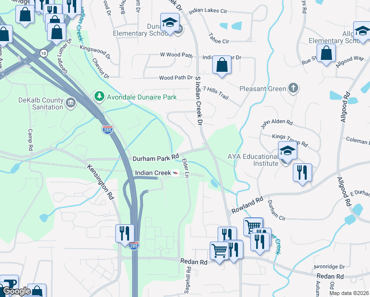 map of restaurants, bars, coffee shops, grocery stores, and more near 3955 Durham Park Road in Stone Mountain