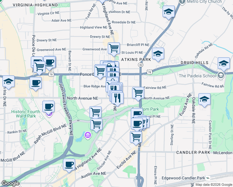 map of restaurants, bars, coffee shops, grocery stores, and more near 629 North Highland Avenue Northeast in Atlanta