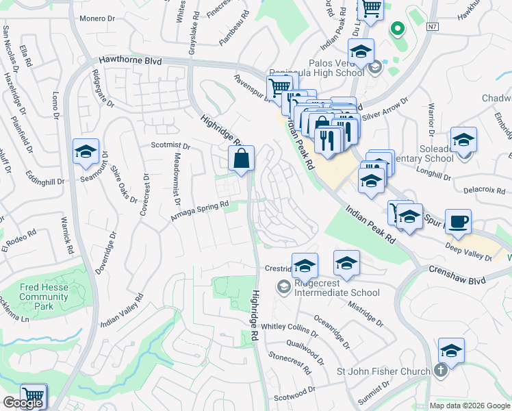 map of restaurants, bars, coffee shops, grocery stores, and more near 2 Sycamore Lane in Rolling Hills Estates