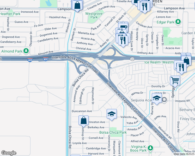map of restaurants, bars, coffee shops, grocery stores, and more near 5232 Stratford Avenue in Westminster