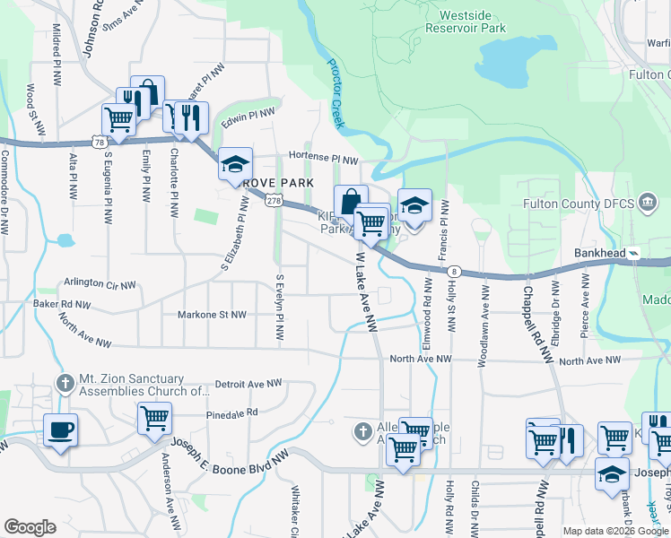 map of restaurants, bars, coffee shops, grocery stores, and more near in Atlanta