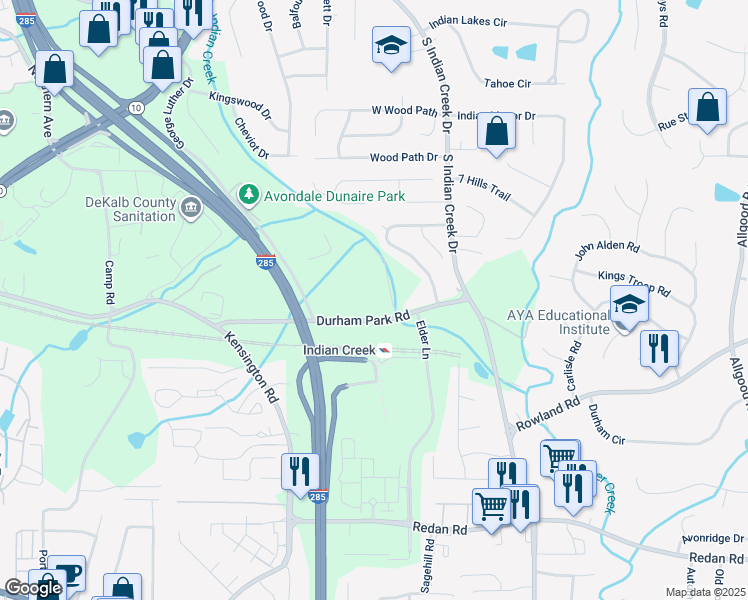 map of restaurants, bars, coffee shops, grocery stores, and more near 3901 Durham Park Road in Stone Mountain