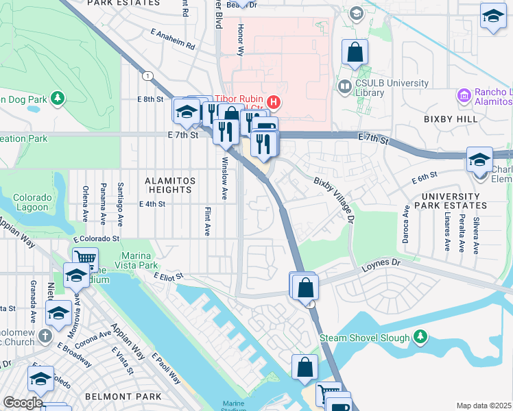 map of restaurants, bars, coffee shops, grocery stores, and more near 412 North Bellflower Boulevard in Long Beach