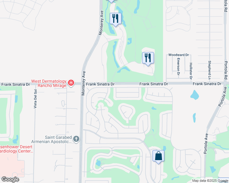 map of restaurants, bars, coffee shops, grocery stores, and more near 38131 Pigeon Springs Drive in Palm Desert