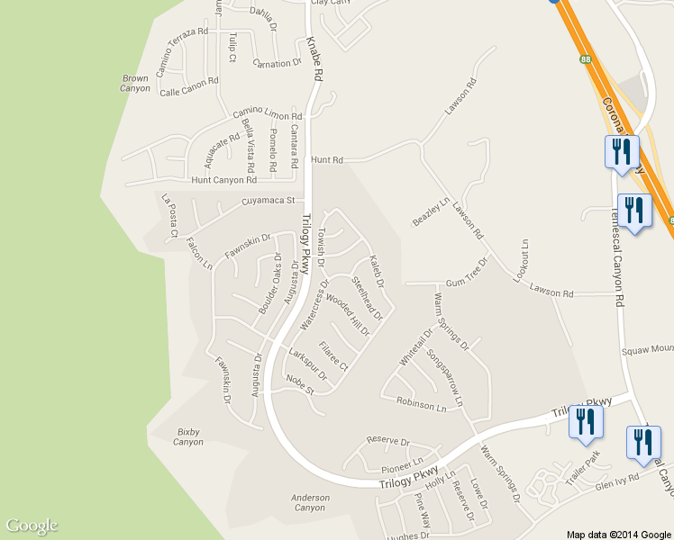 map of restaurants, bars, coffee shops, grocery stores, and more near 23952 Steelhead Drive in Corona