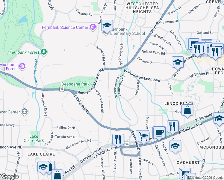 map of restaurants, bars, coffee shops, grocery stores, and more near 400 West Parkwood Road in Decatur