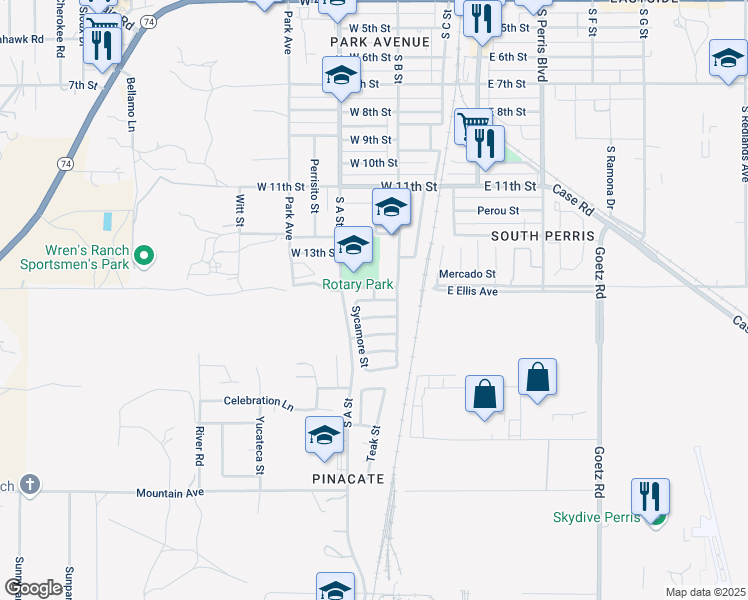 map of restaurants, bars, coffee shops, grocery stores, and more near 340 Redbud Place in Perris