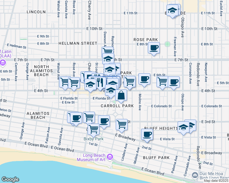 map of restaurants, bars, coffee shops, grocery stores, and more near 370 Junipero Avenue in Long Beach
