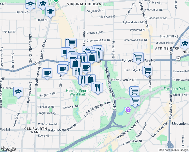 map of restaurants, bars, coffee shops, grocery stores, and more near 795 North Avenue Northeast in Atlanta