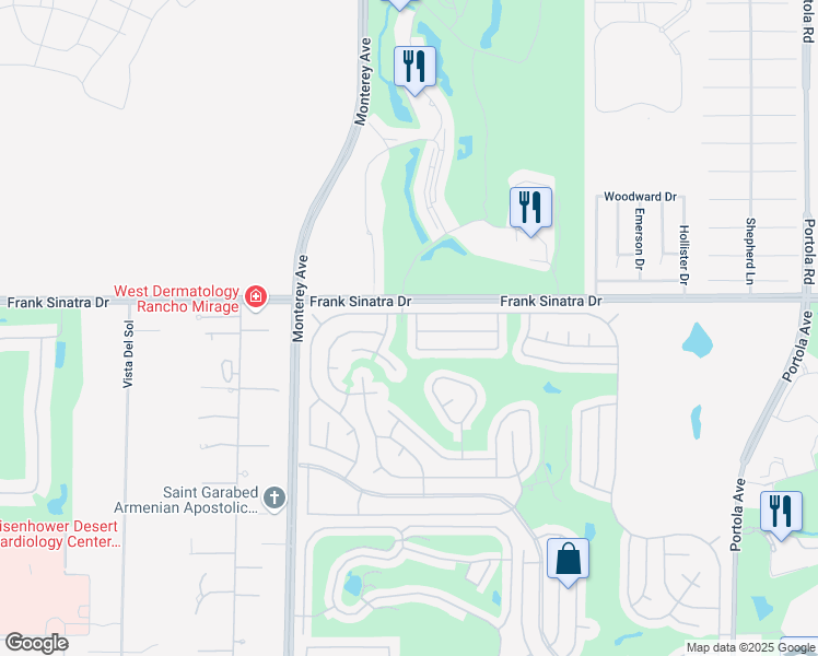 map of restaurants, bars, coffee shops, grocery stores, and more near 38131 Pigeon Springs Drive in Palm Desert