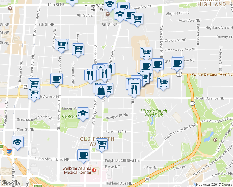 map of restaurants, bars, coffee shops, grocery stores, and more near 625 Kennesaw Avenue Northeast in Atlanta