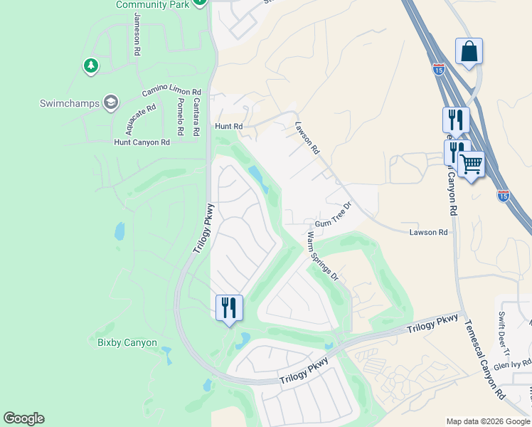 map of restaurants, bars, coffee shops, grocery stores, and more near 23962 Kaleb Drive in Corona