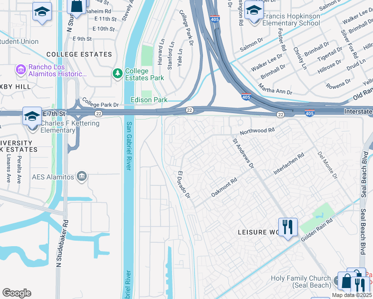 map of restaurants, bars, coffee shops, grocery stores, and more near 1121 Northwood Road in Seal Beach