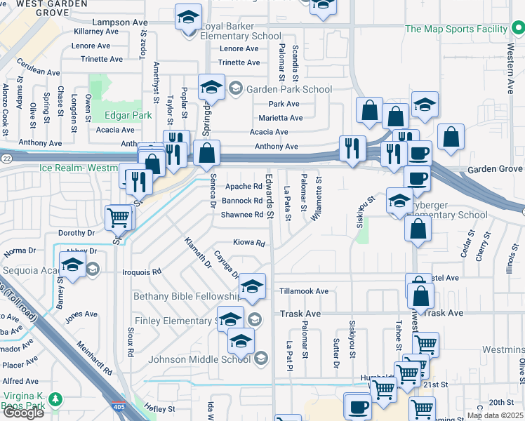 map of restaurants, bars, coffee shops, grocery stores, and more near 6441 Iroquois Road in Westminster