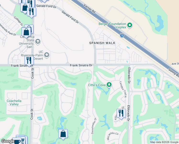 map of restaurants, bars, coffee shops, grocery stores, and more near 415 Desert Falls Drive East in Palm Desert
