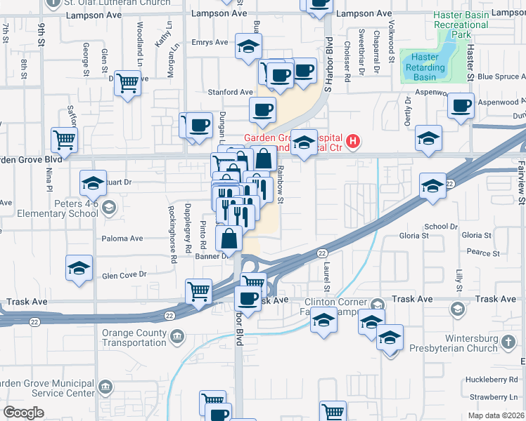 map of restaurants, bars, coffee shops, grocery stores, and more near 13242 Harbor Boulevard in Garden Grove