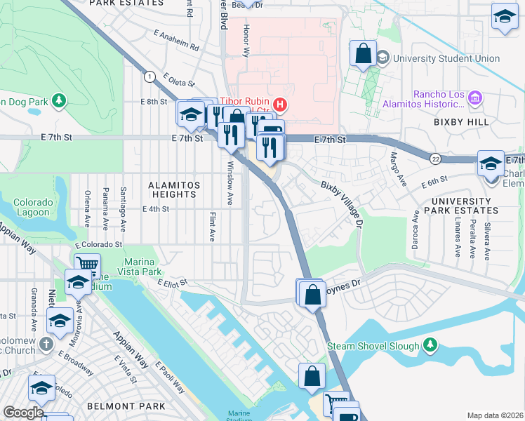map of restaurants, bars, coffee shops, grocery stores, and more near 576 North Bellflower Boulevard in Long Beach