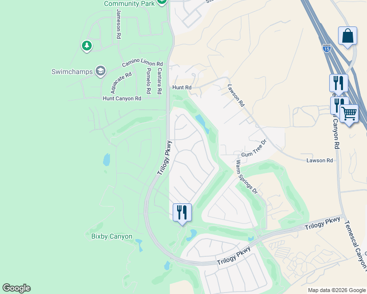 map of restaurants, bars, coffee shops, grocery stores, and more near 23952 Steelhead Drive in Corona
