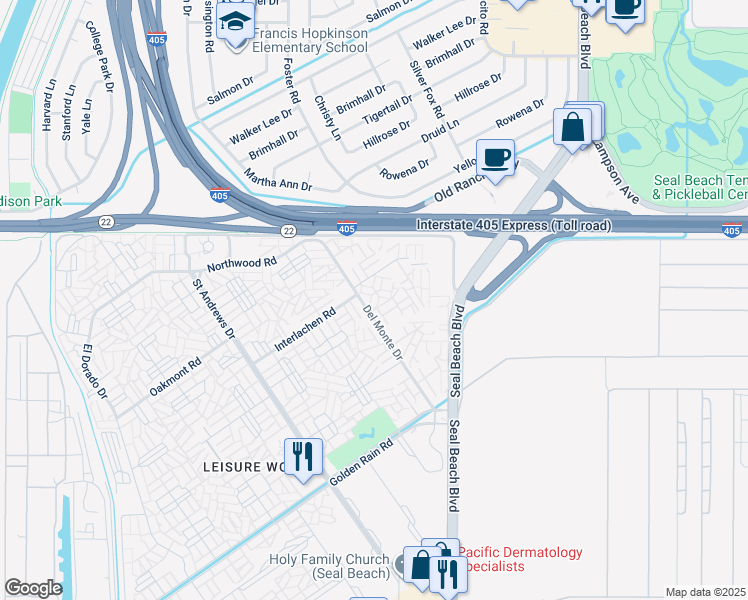 map of restaurants, bars, coffee shops, grocery stores, and more near 13140 Del Monte Drive in Seal Beach