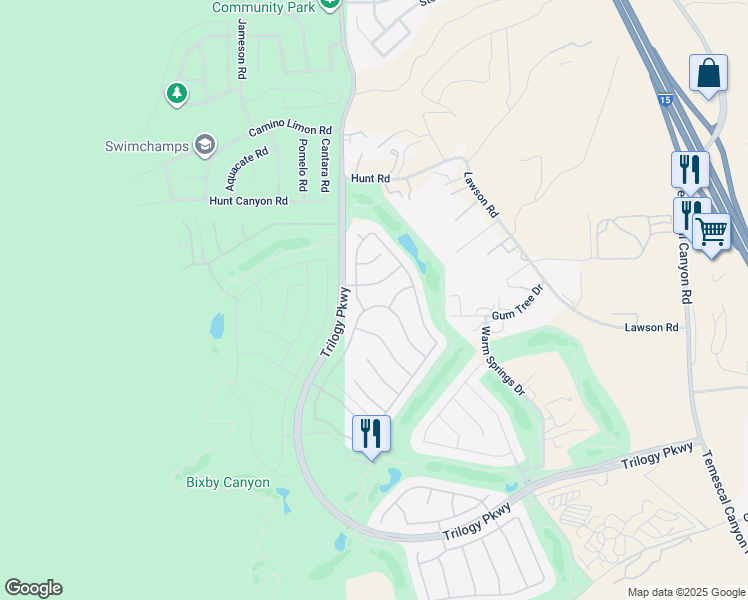map of restaurants, bars, coffee shops, grocery stores, and more near 23952 Steelhead Drive in Corona