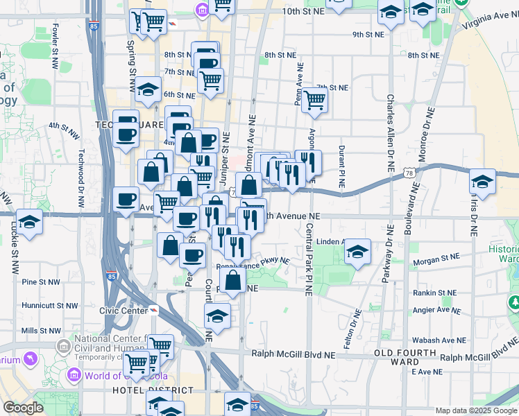 map of restaurants, bars, coffee shops, grocery stores, and more near 625 Piedmont Avenue Northeast in Atlanta