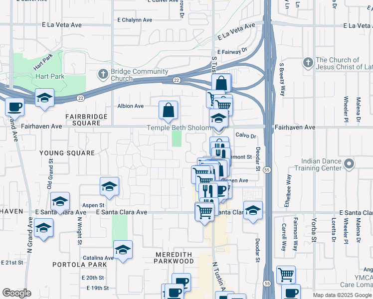map of restaurants, bars, coffee shops, grocery stores, and more near 2510 North Tustin Avenue in Santa Ana