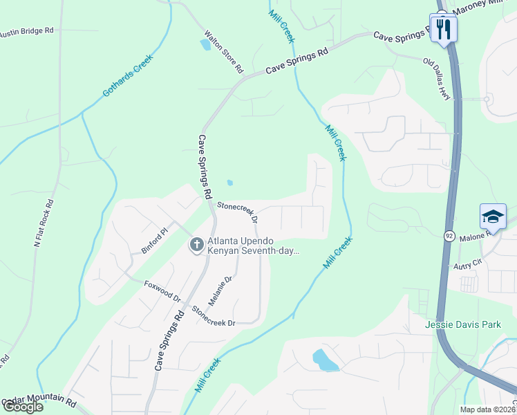 map of restaurants, bars, coffee shops, grocery stores, and more near 7067 Stoneridge Drive in Douglasville