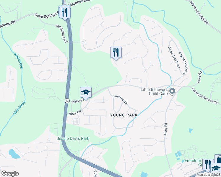 map of restaurants, bars, coffee shops, grocery stores, and more near 7564 Linecrest Drive in Douglasville