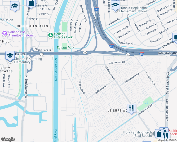 map of restaurants, bars, coffee shops, grocery stores, and more near 1150 Northwood Road in Seal Beach