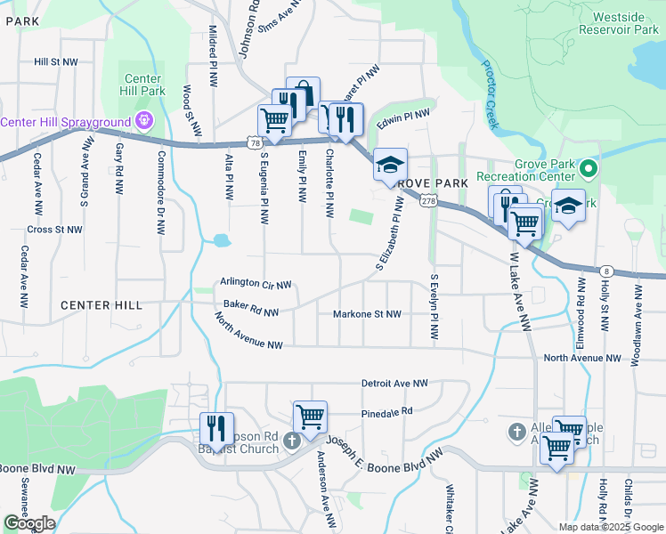 map of restaurants, bars, coffee shops, grocery stores, and more near 614 Charlotte Place Northwest in Atlanta